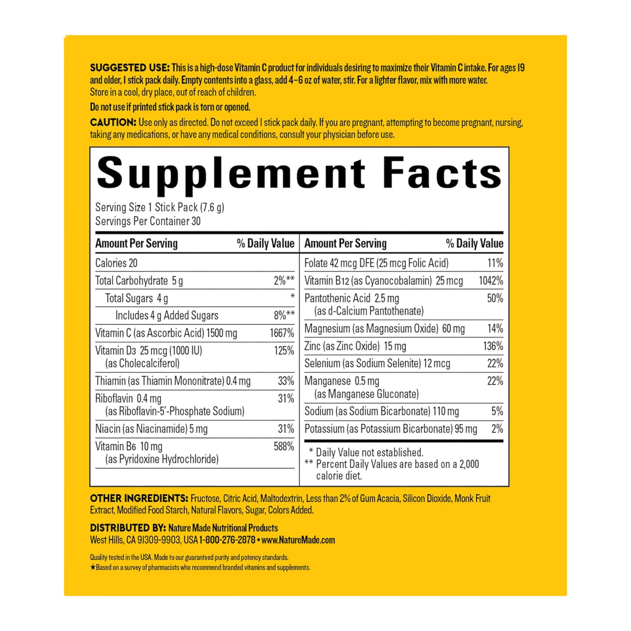 Nature Made, Wellblends ImmuneMAX Fizzy Drink Mix, 30 Stick Packs back packaging view