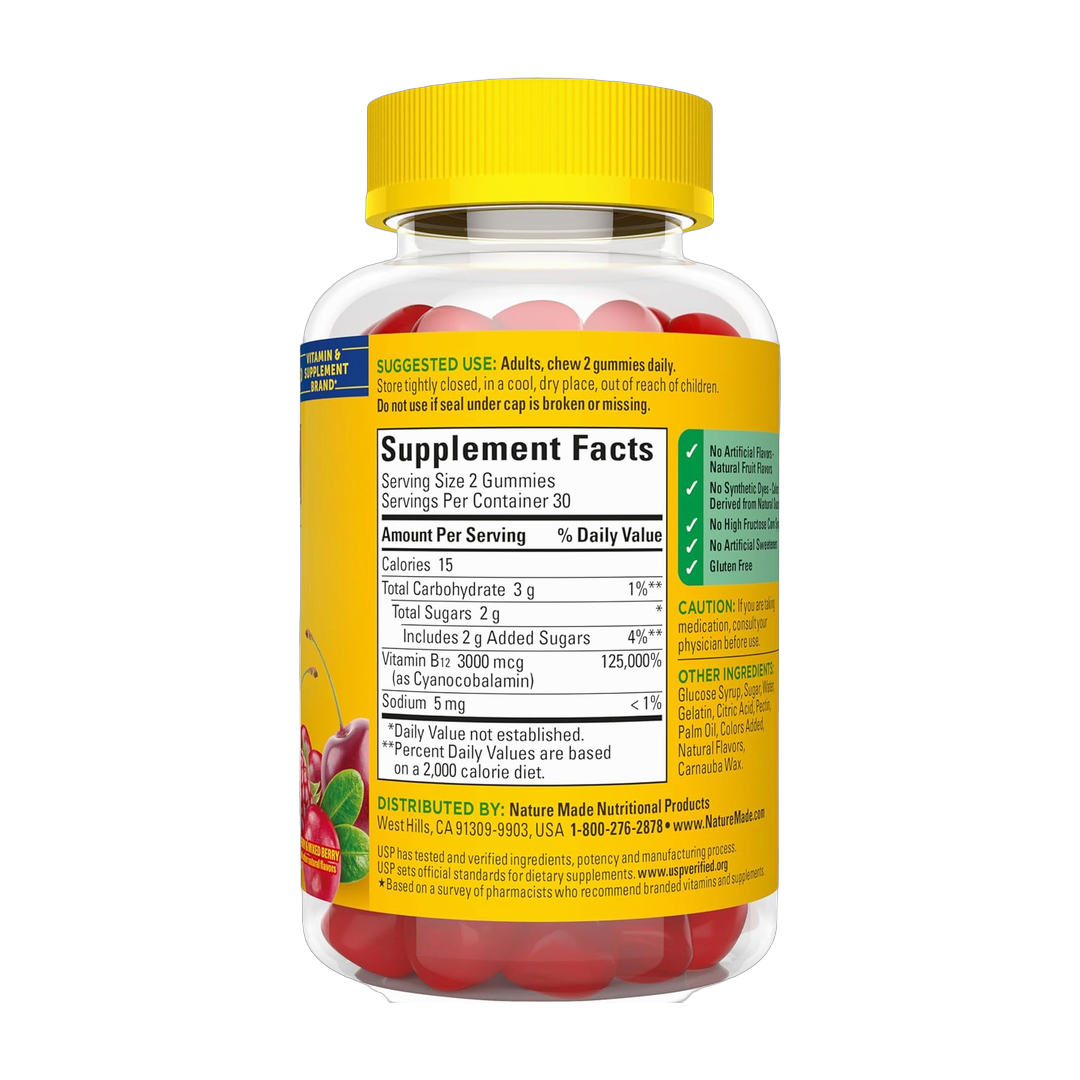 Nature Made, Extra Strength Vitamin B12, 60 Gummies back packaging view