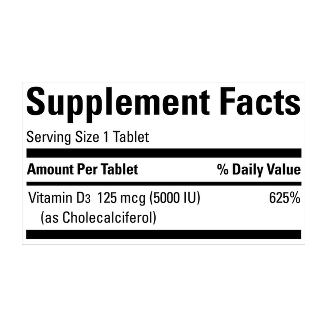 Nature Made, Fast Dissolve D3, Mixed Berry, 125 mcg (5,000 IU), 70 Tablets supplement facts label showing ingredients, vitamins, minerals, and serving information