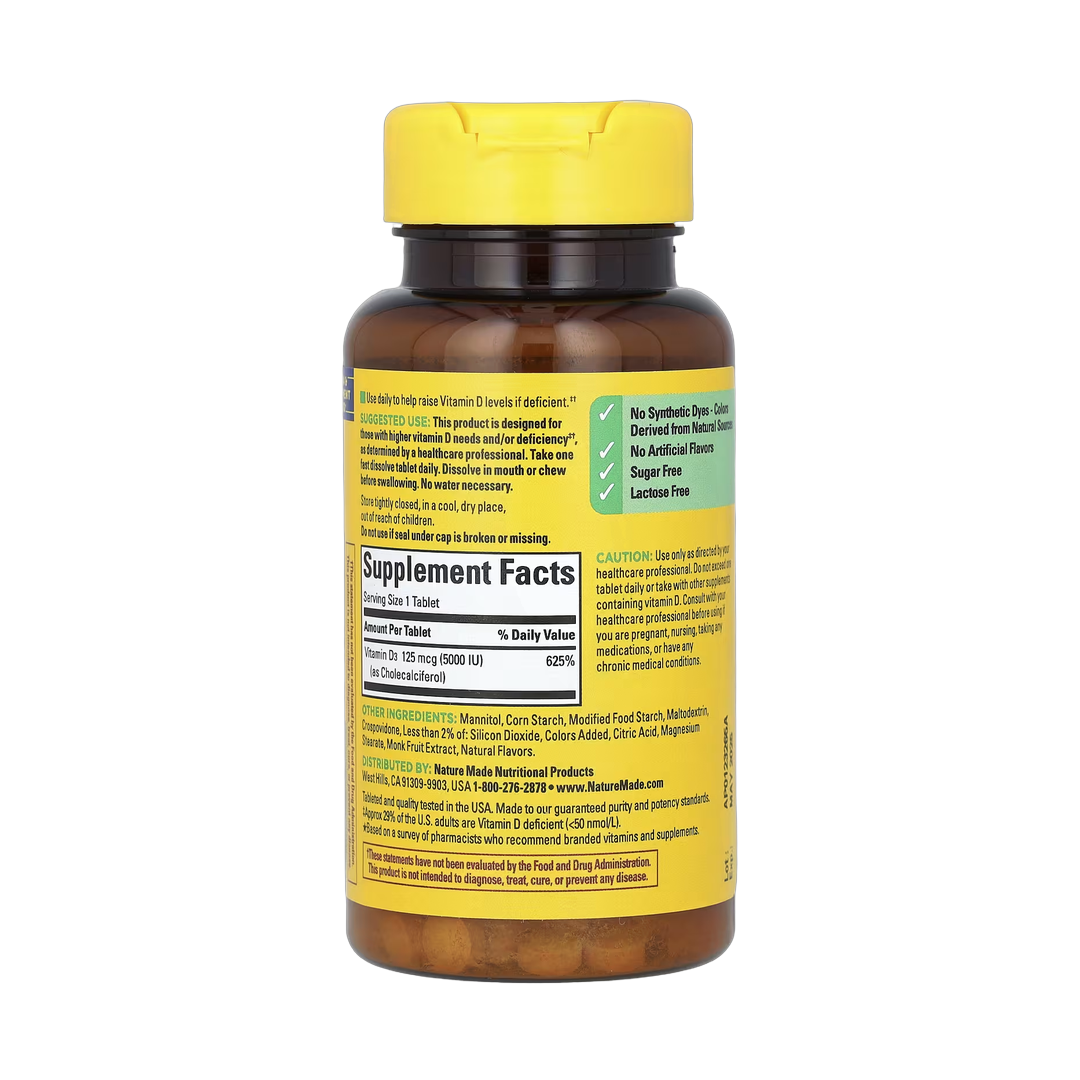 Nature Made, Fast Dissolve D3, Mixed Berry, 125 mcg (5,000 IU), 70 Tablets back packaging view