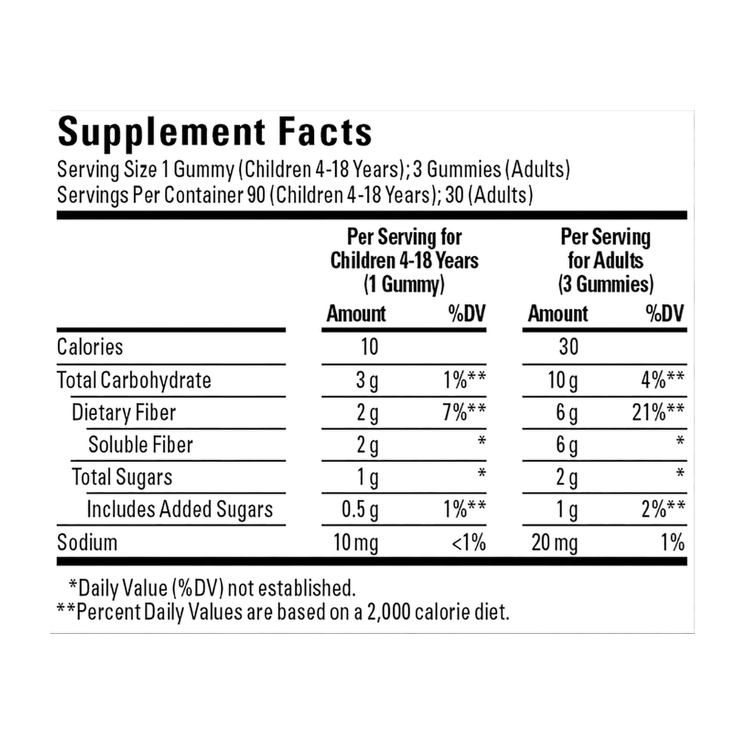 Nature Made, Fiber Gummies, Orange & Mixed Berry, 90 Gummies supplement facts label showing ingredients, vitamins, minerals, and serving information