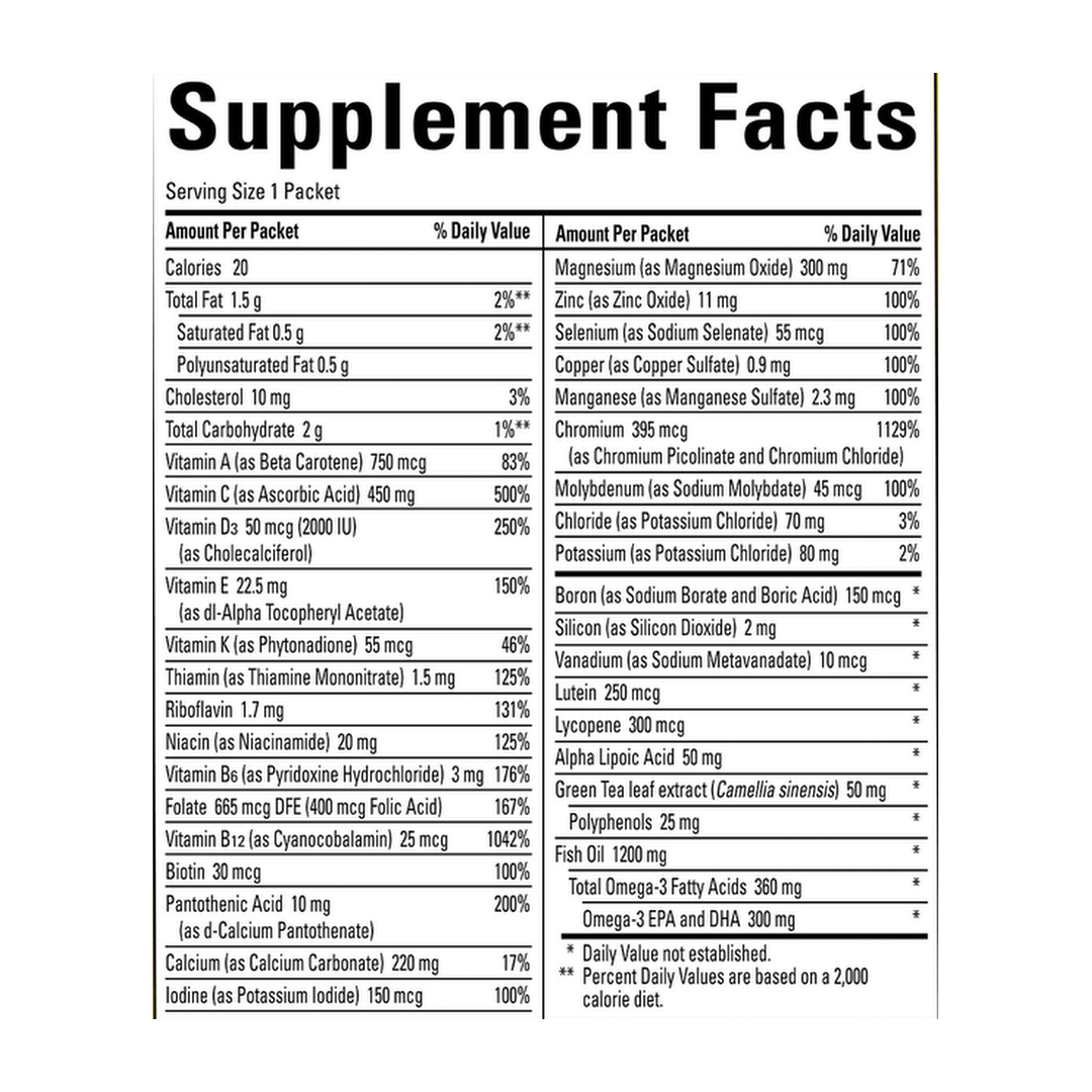 Nature Made, Daily Diabetes Health, 30 Packets supplement facts label showing ingredients, vitamins, minerals, and serving information