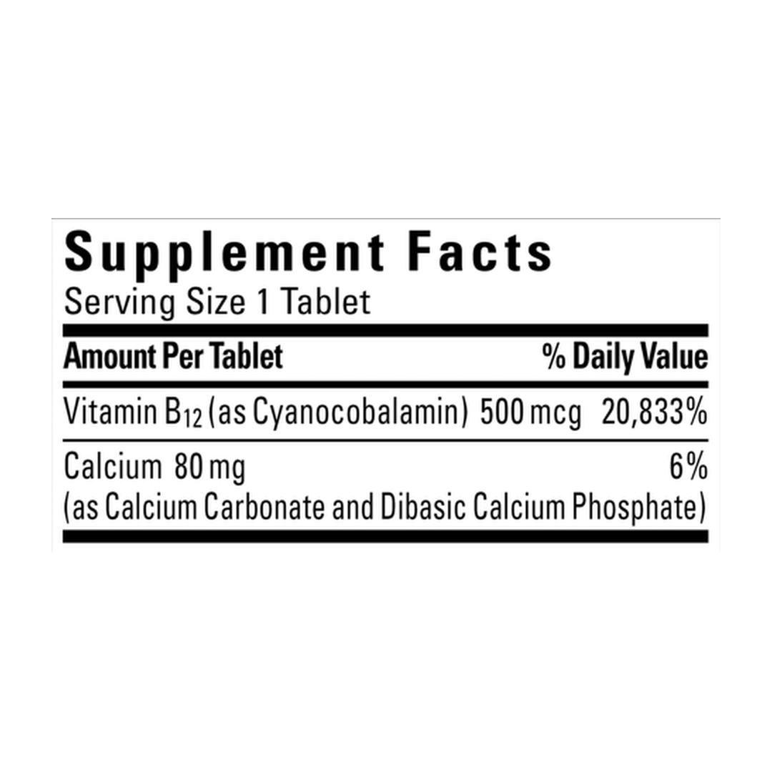 Nature Made, Vitamin B12, 500 mcg, 200 Tablets supplement facts label showing ingredients, vitamins, minerals, and serving information