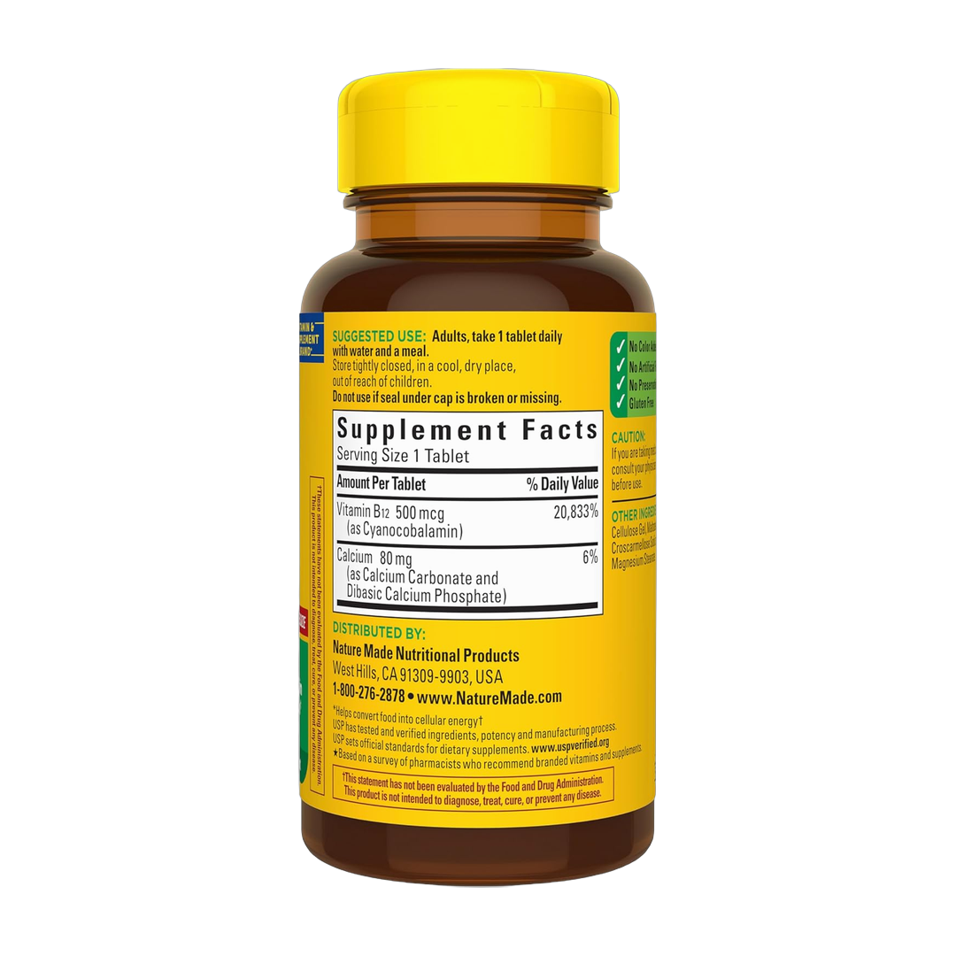 Nature Made, Vitamin B12, 500 mcg, 200 Tablets back packaging view