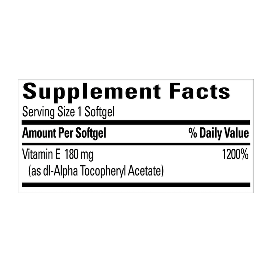 Nature Made, Vitamin E, 180 mg (400 IU), 100 Softgels supplement facts label showing ingredients, vitamins, minerals, and serving information