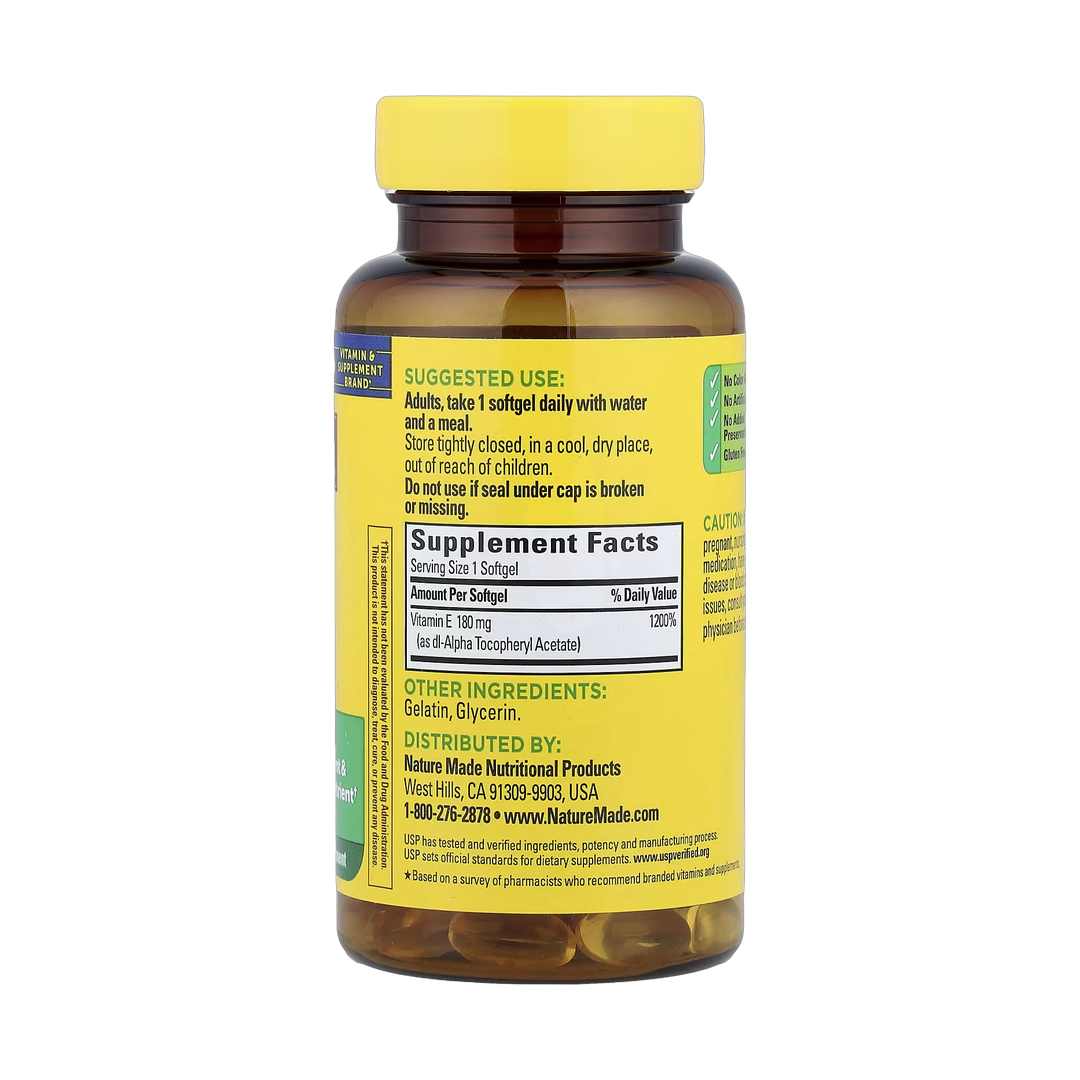 Nature Made, Vitamin E, 180 mg (400 IU), 100 Softgels back packaging view