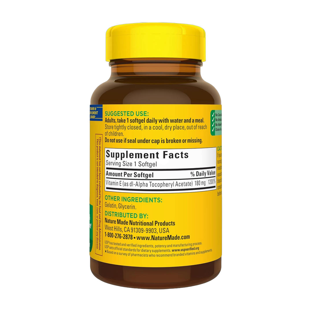 Nature Made, Vitamin E, 180 mg (400 IU), 180 Softgels back packaging view
