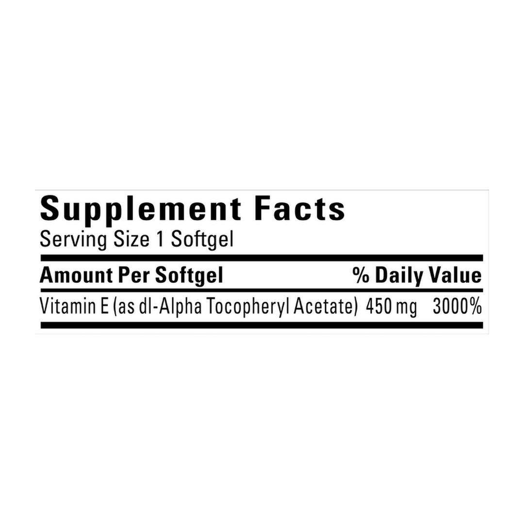 Nature Made, Vitamin E, 450 mg (1,000 IU), 60 Softgels supplement facts label showing ingredients, vitamins, minerals, and serving information