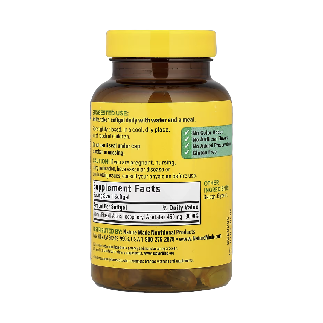 Nature Made, Vitamin E, 450 mg (1,000 IU), 60 Softgels back packaging view