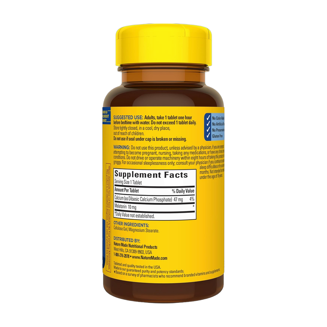 Nature Made, Melatonin, Maximum Strength, 10 mg, 70 Tablets back packaging view