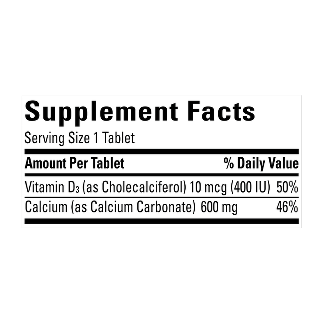 Nature Made, Calcium 600 mg with Vitamin D3, 220 Tablets supplement facts label showing ingredients, vitamins, minerals, and serving information