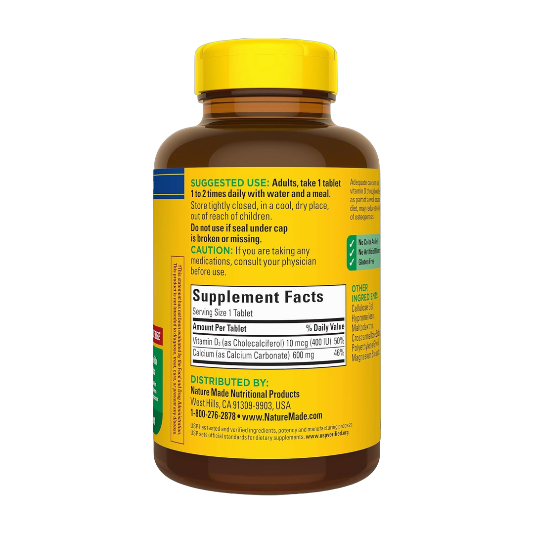 Nature Made, Calcium 600 mg with Vitamin D3, 220 Tablets back packaging view