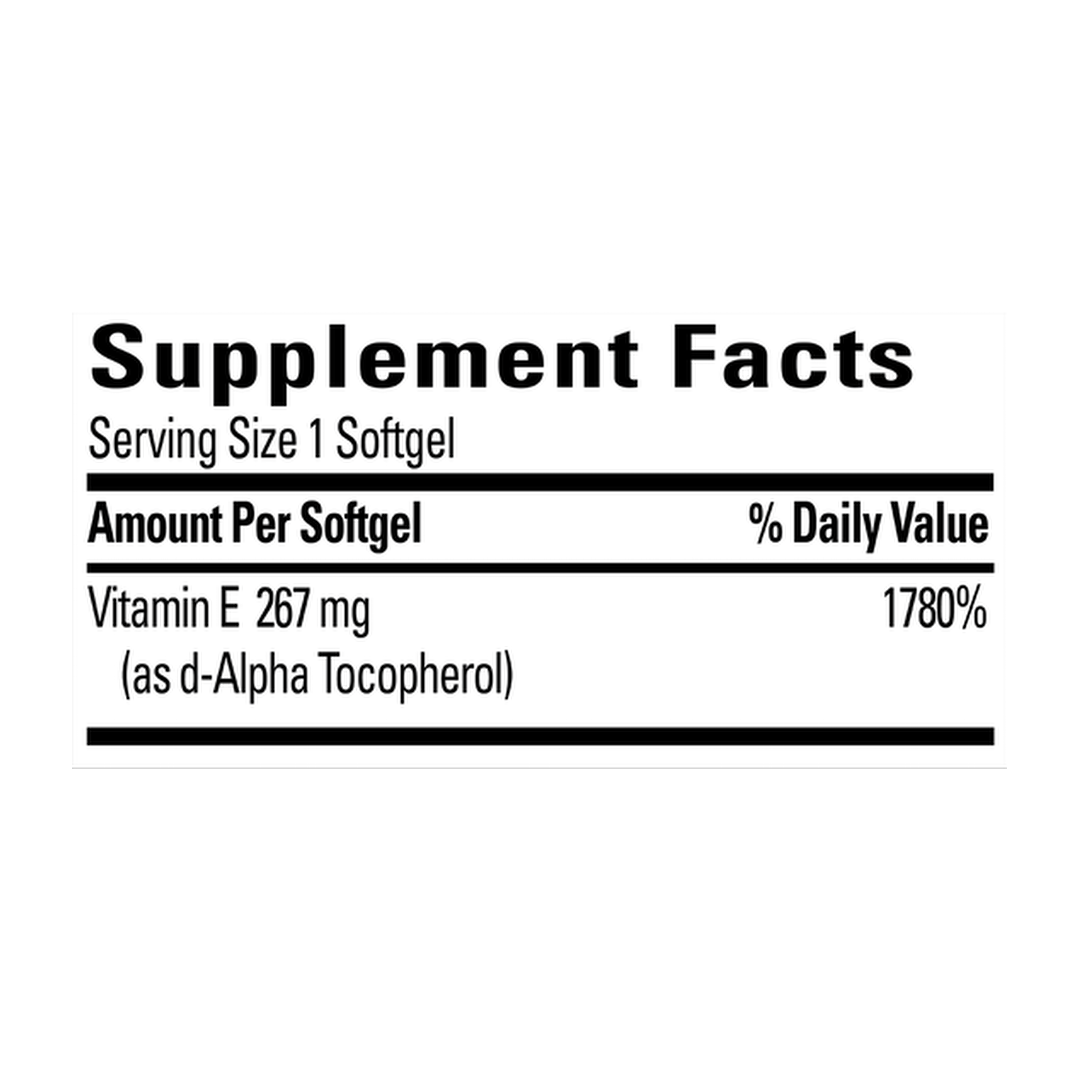 Nature Made, Vitamin E 400 IU, 100 Softgels supplement facts label showing ingredients, vitamins, minerals, and serving information