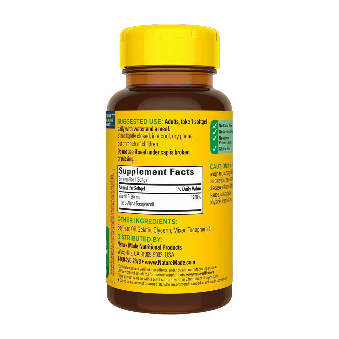 Nature Made, Vitamin E 400 IU, 100 Softgels back packaging view