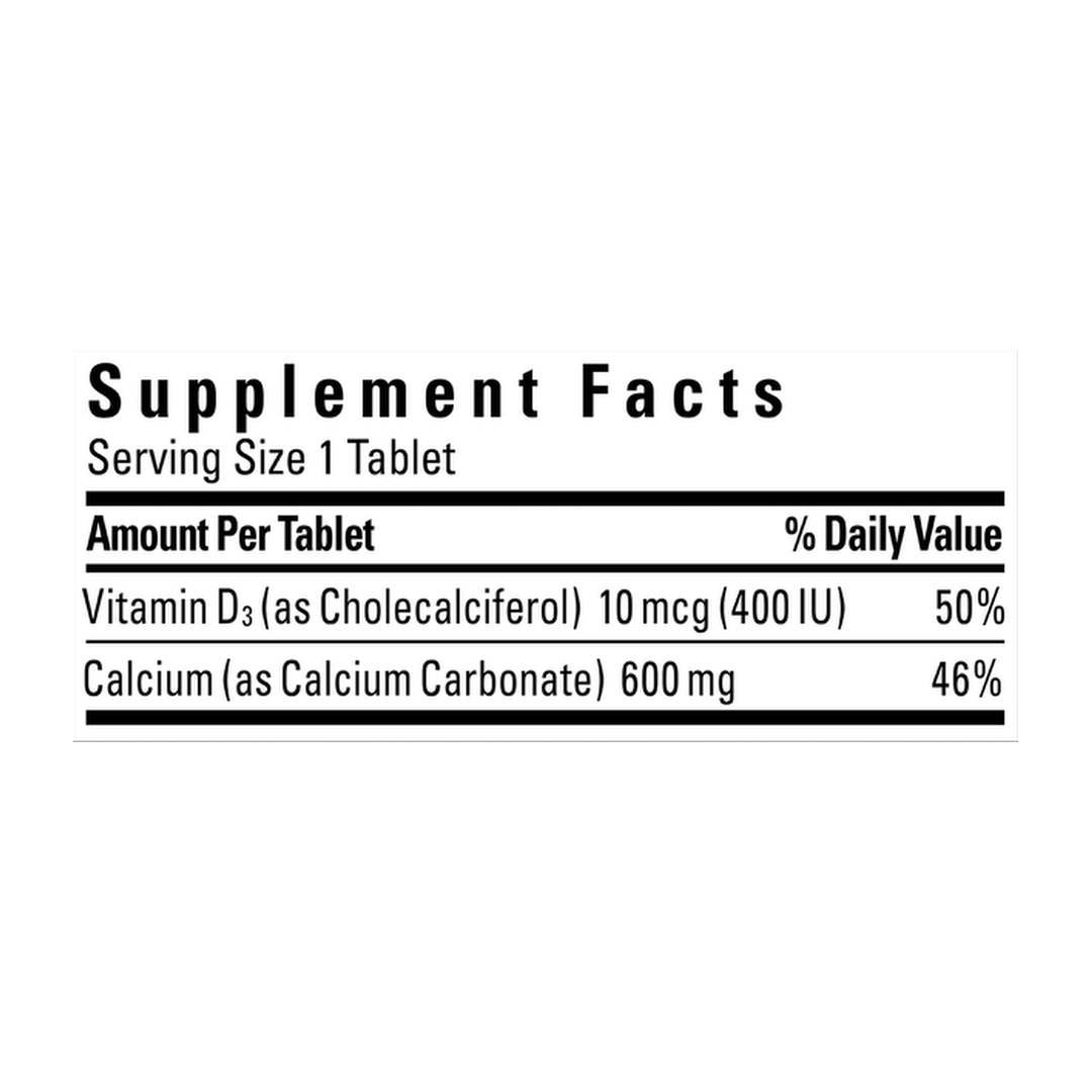 Nature Made, Calcium 600 mg with Vitamin D, 120 Tablets supplement facts label showing ingredients, vitamins, minerals, and serving information