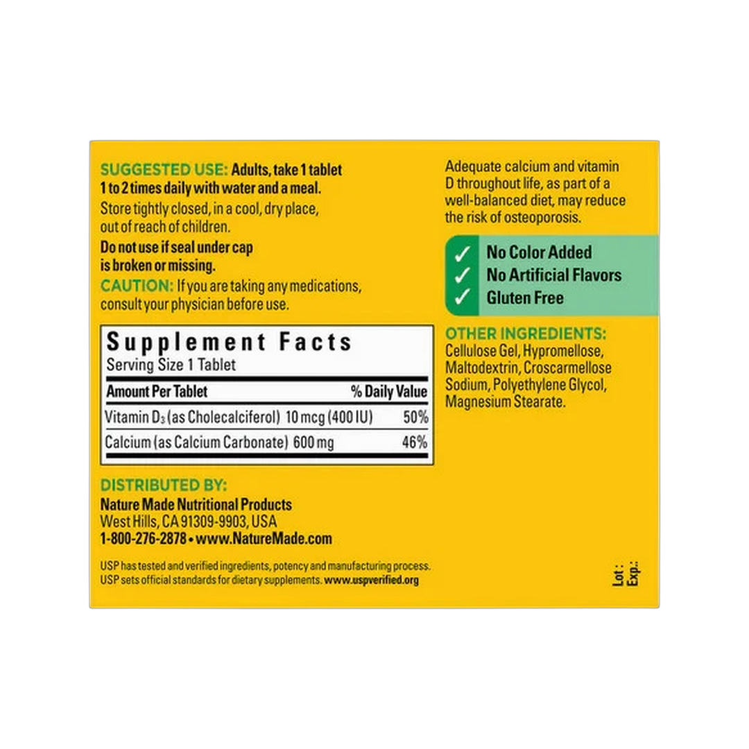 Nature Made, Calcium 600 mg with Vitamin D, 120 Tablets back packaging view