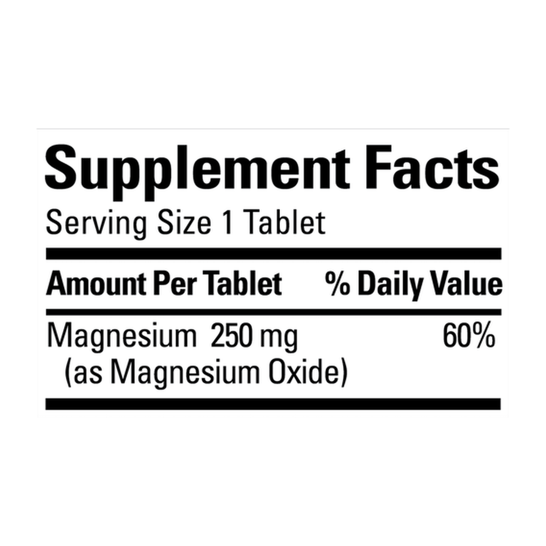 Nature Made, Magnesium, 250 mg, 100 Tablets supplement facts label showing ingredients, vitamins, minerals, and serving information