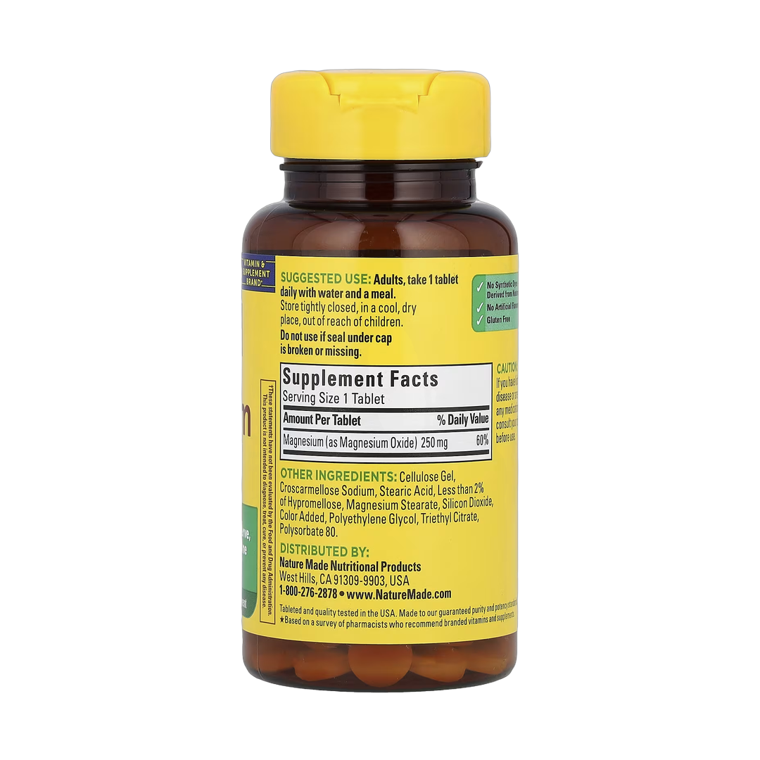 Nature Made, Magnesium, 250 mg, 100 Tablets back packaging view