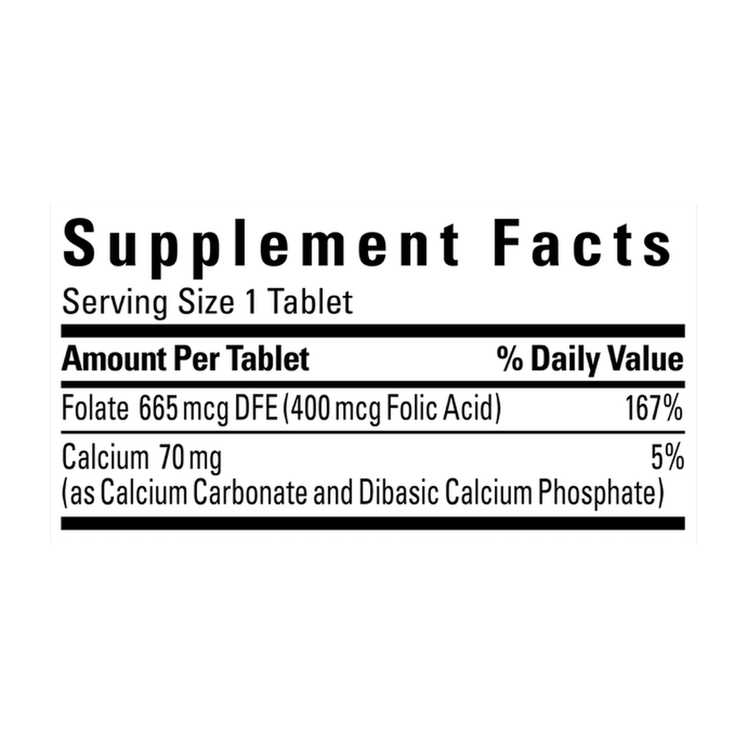 Nature Made, Folic Acid, 250 Tablets supplement facts label showing ingredients, vitamins, minerals, and serving information