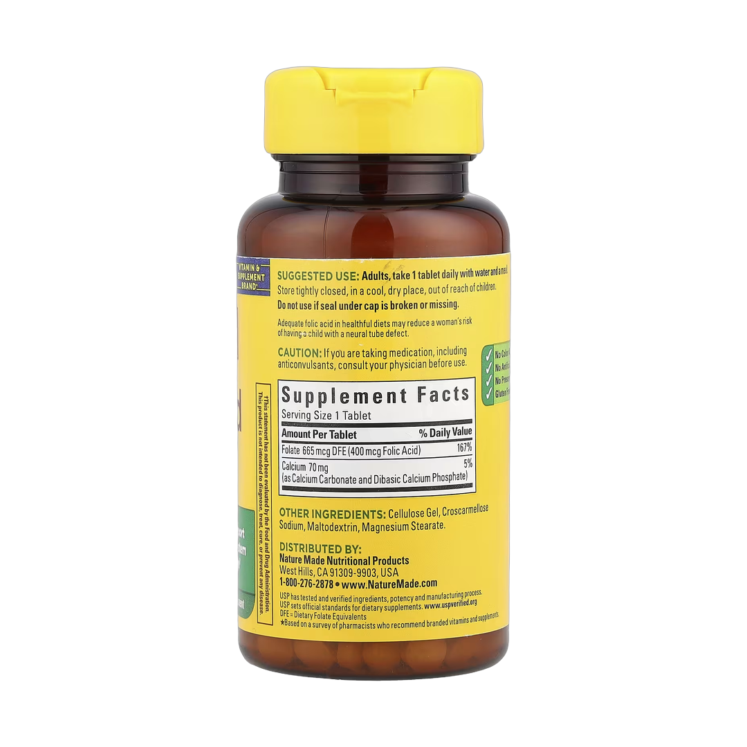 Nature Made, Folic Acid, 250 Tablets back packaging view