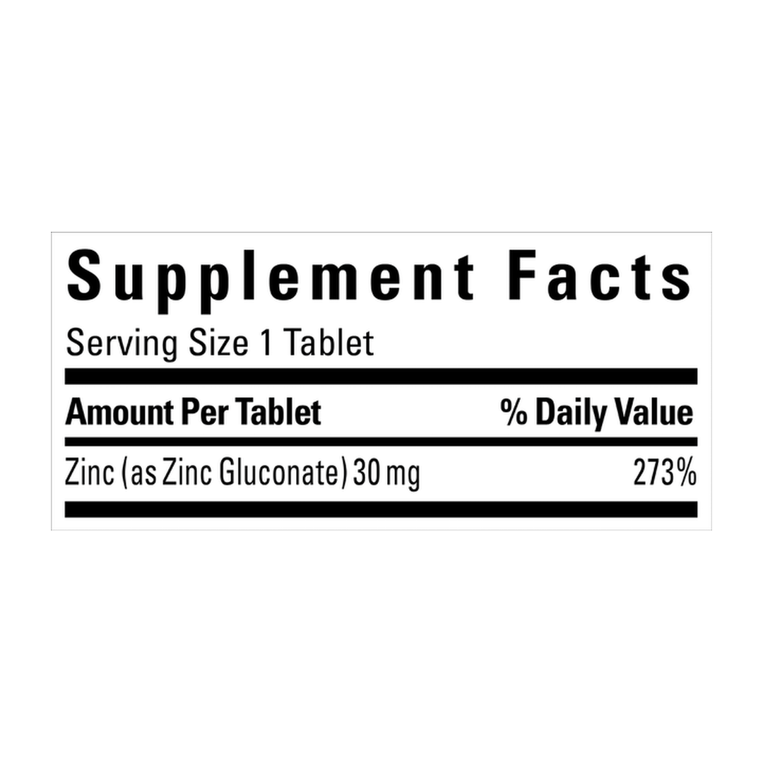 Nature Made, Zinc, 30 mg, 100 Tablets supplement facts label showing ingredients, vitamins, minerals, and serving information
