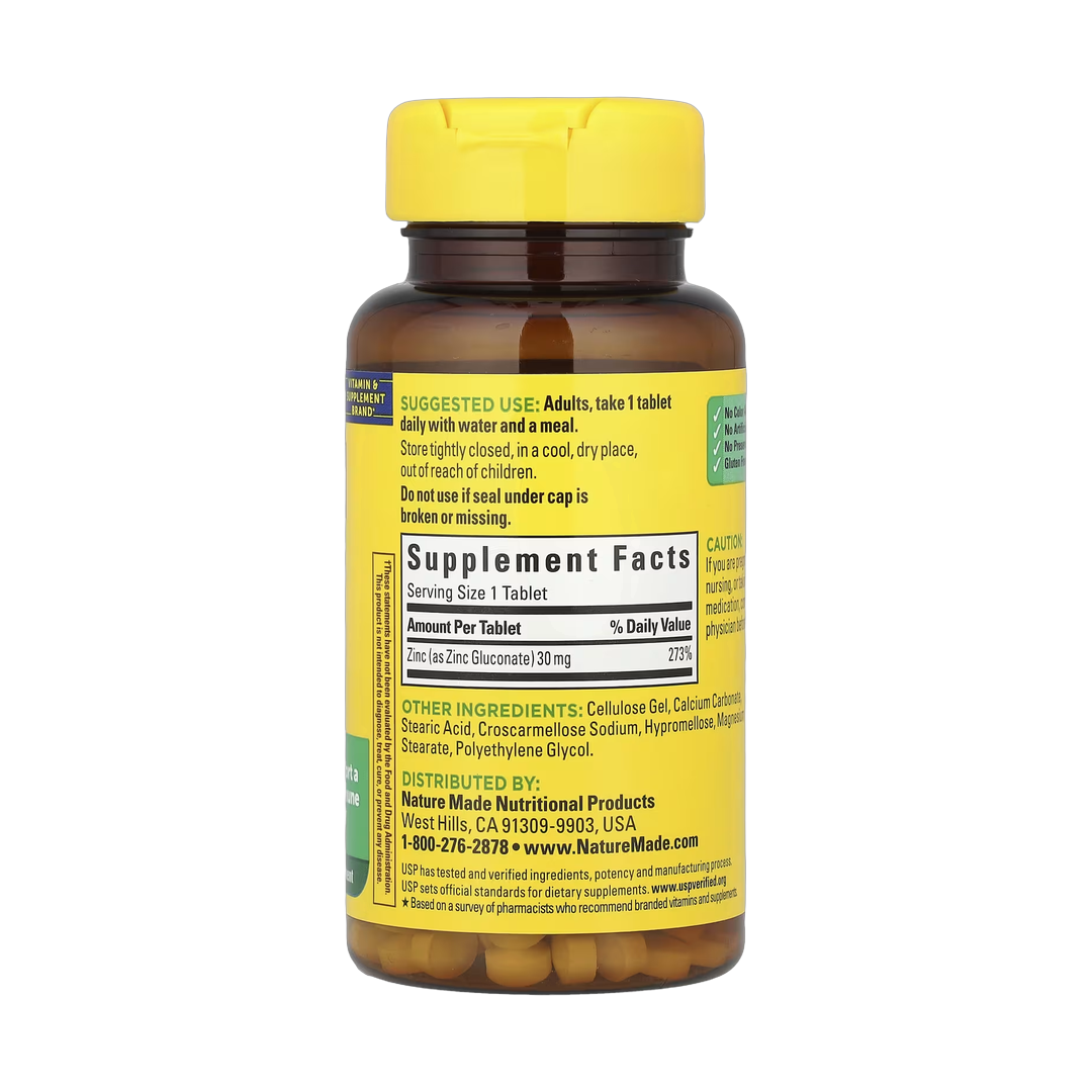 Nature Made, Zinc, 30 mg, 100 Tablets back packaging view