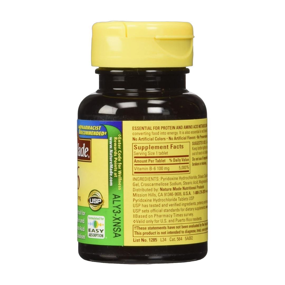 Nature Made, Vitamin B-6, 100 Mg, 100 Tablets back packaging view