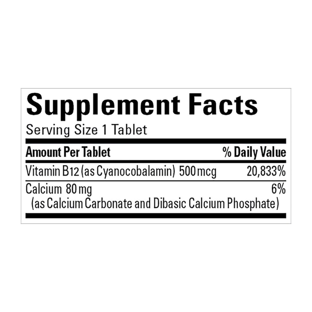 Nature Made, Vitamin B12 500 mcg, 100 Tablets supplement facts label showing ingredients, vitamins, minerals, and serving information