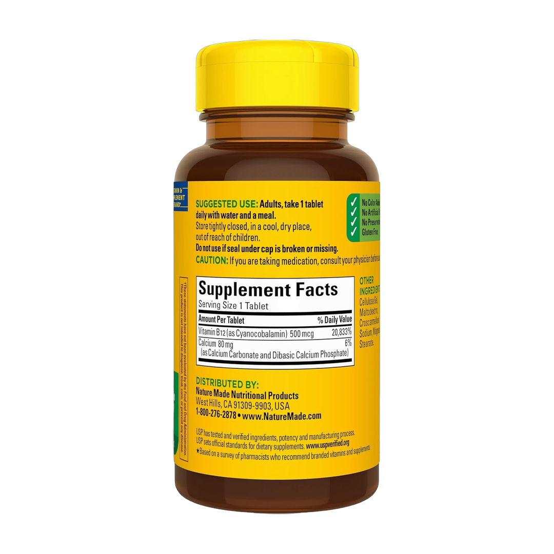 Nature Made, Vitamin B12 500 mcg, 100 Tablets back packaging view