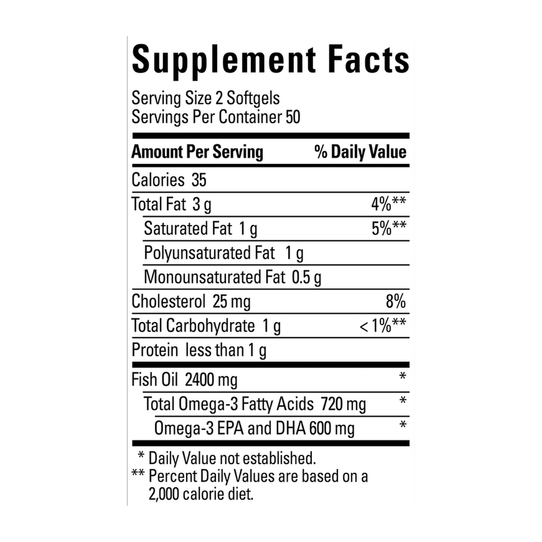 Nature Made, Fish Oil Omega-3, 1200mg, 100 Softgels supplement facts label showing ingredients, vitamins, minerals, and serving information