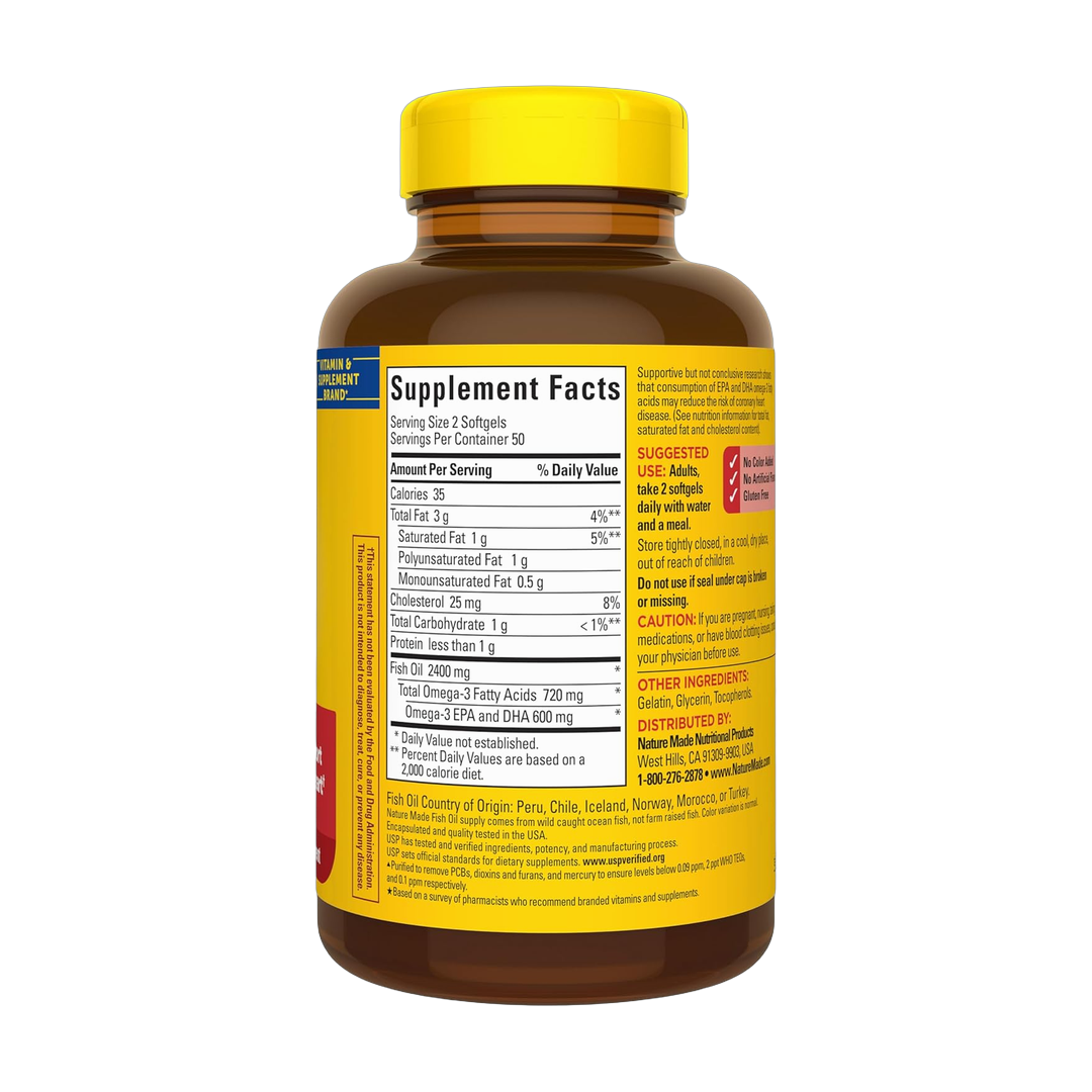 Nature Made, Fish Oil Omega-3, 1200mg, 100 Softgels back packaging view