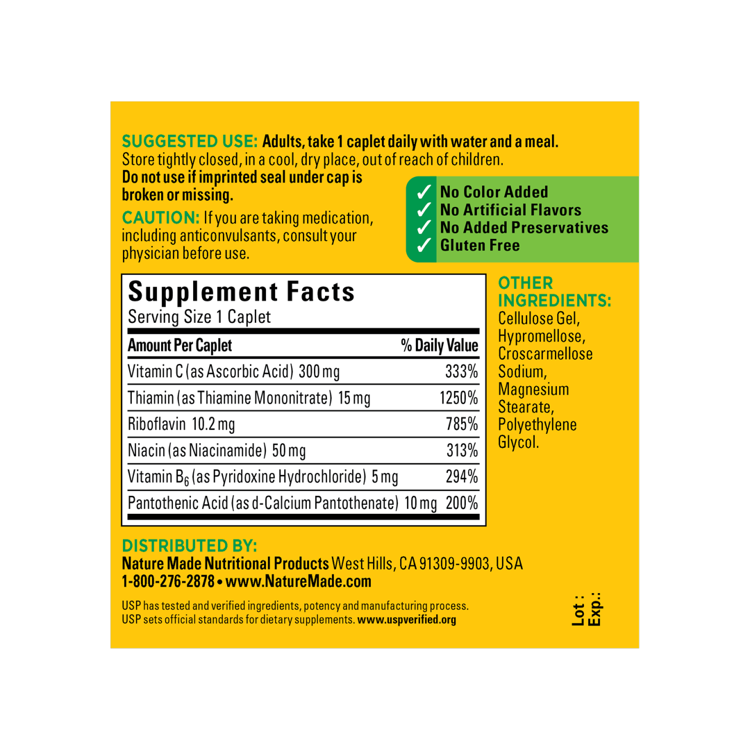 Nature Made, B-Complex with Vitamin C, 100 Capsules back packaging view