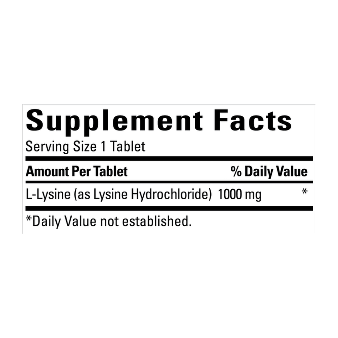 Nature Made, L-Lysine, 1000 mg, 60 Tablets supplement facts label showing ingredients, vitamins, minerals, and serving information