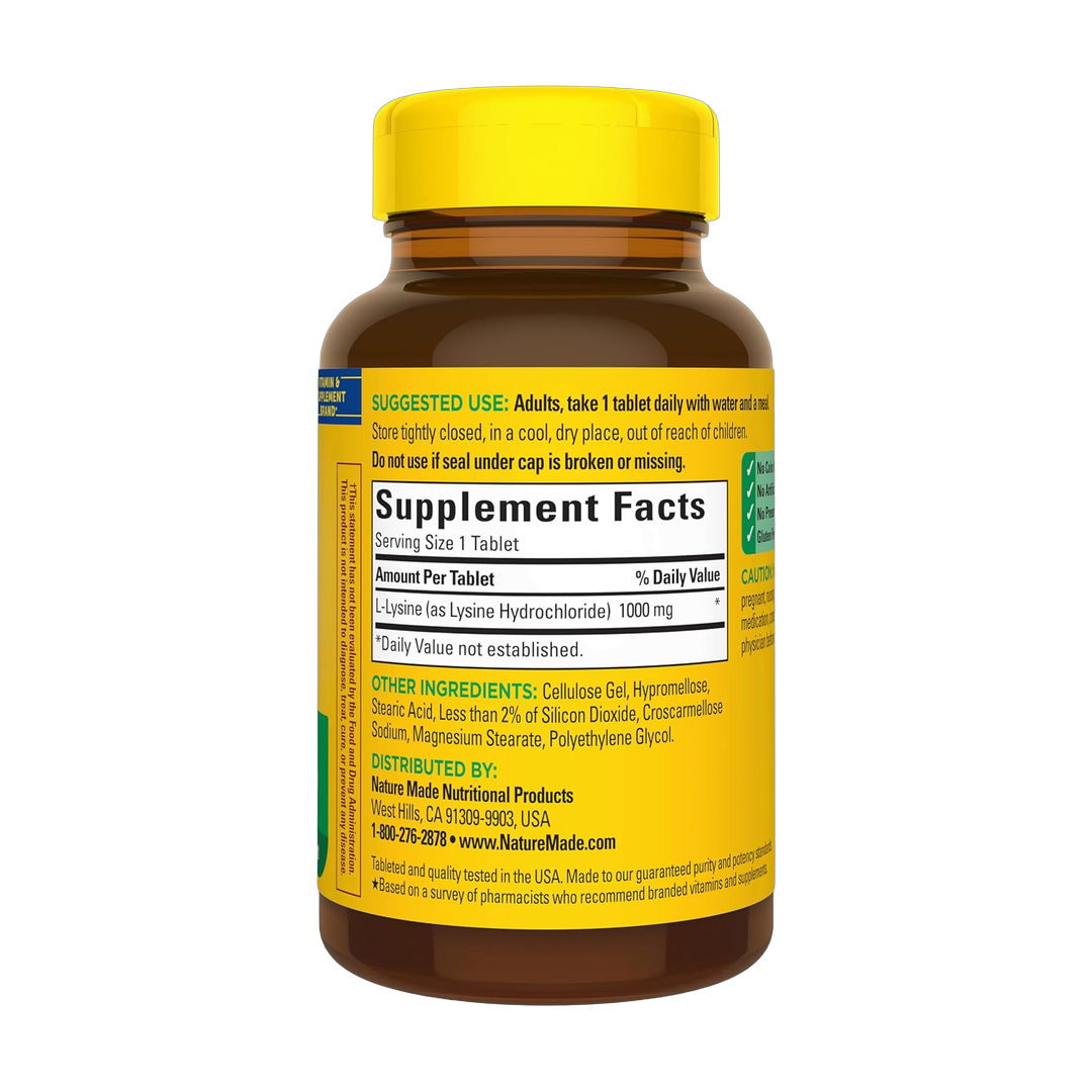 Nature Made, L-Lysine, 1000 mg, 60 Tablets back packaging view