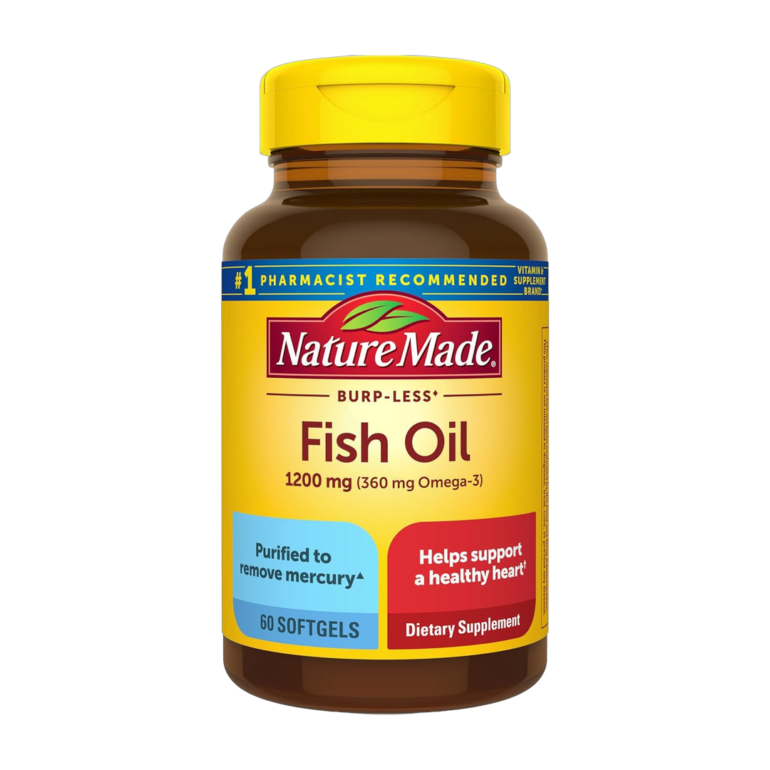 Nature Made, Burp Less Fish Oil Omega 3, 1200 mg, 60 Softgels front packaging view