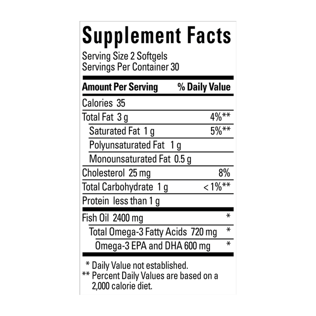 Nature Made, Burp Less Fish Oil Omega 3, 1200 mg, 60 Softgels supplement facts label showing ingredients, vitamins, minerals, and serving information