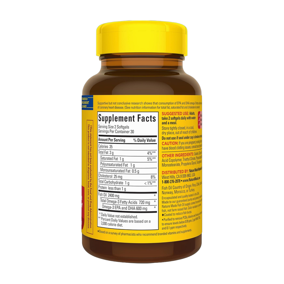 Nature Made, Burp Less Fish Oil Omega 3, 1200 mg, 60 Softgels back packaging view