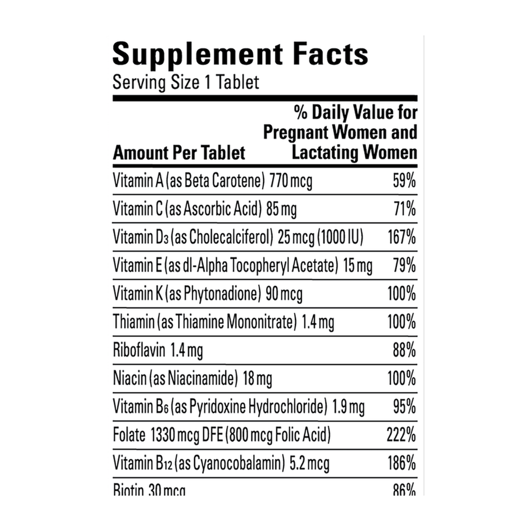 Nature Made, Prenatal Folic Acid, 250 Tablets supplement facts label showing ingredients, vitamins, minerals, and serving information