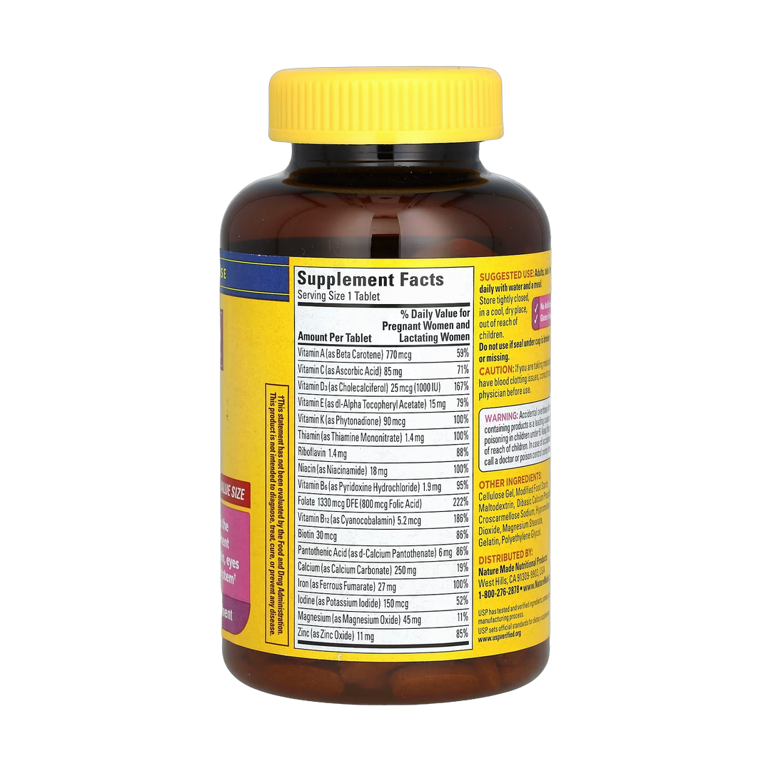 Nature Made, Prenatal Folic Acid, 250 Tablets back packaging view