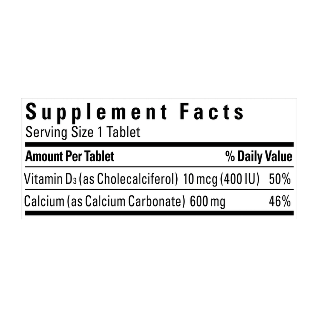 Nature Made, Calcium 600 mg with Vitamin D3, 60 Tablets supplement facts label showing ingredients, vitamins, minerals, and serving information