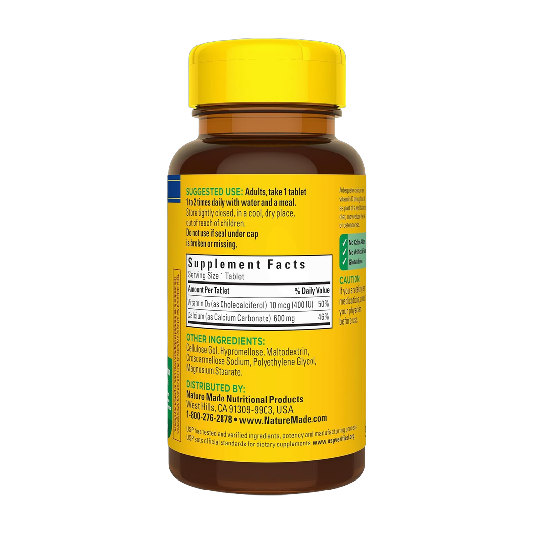 Nature Made, Calcium 600 mg with Vitamin D3, 60 Tablets back packaging view