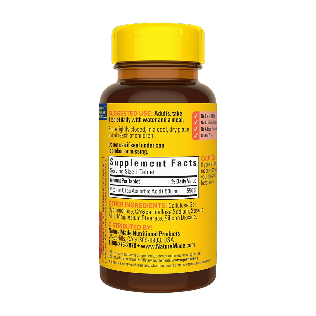 Nature Made, Vitamin C, 500 mg Tablets, 100 Tablets back packaging view