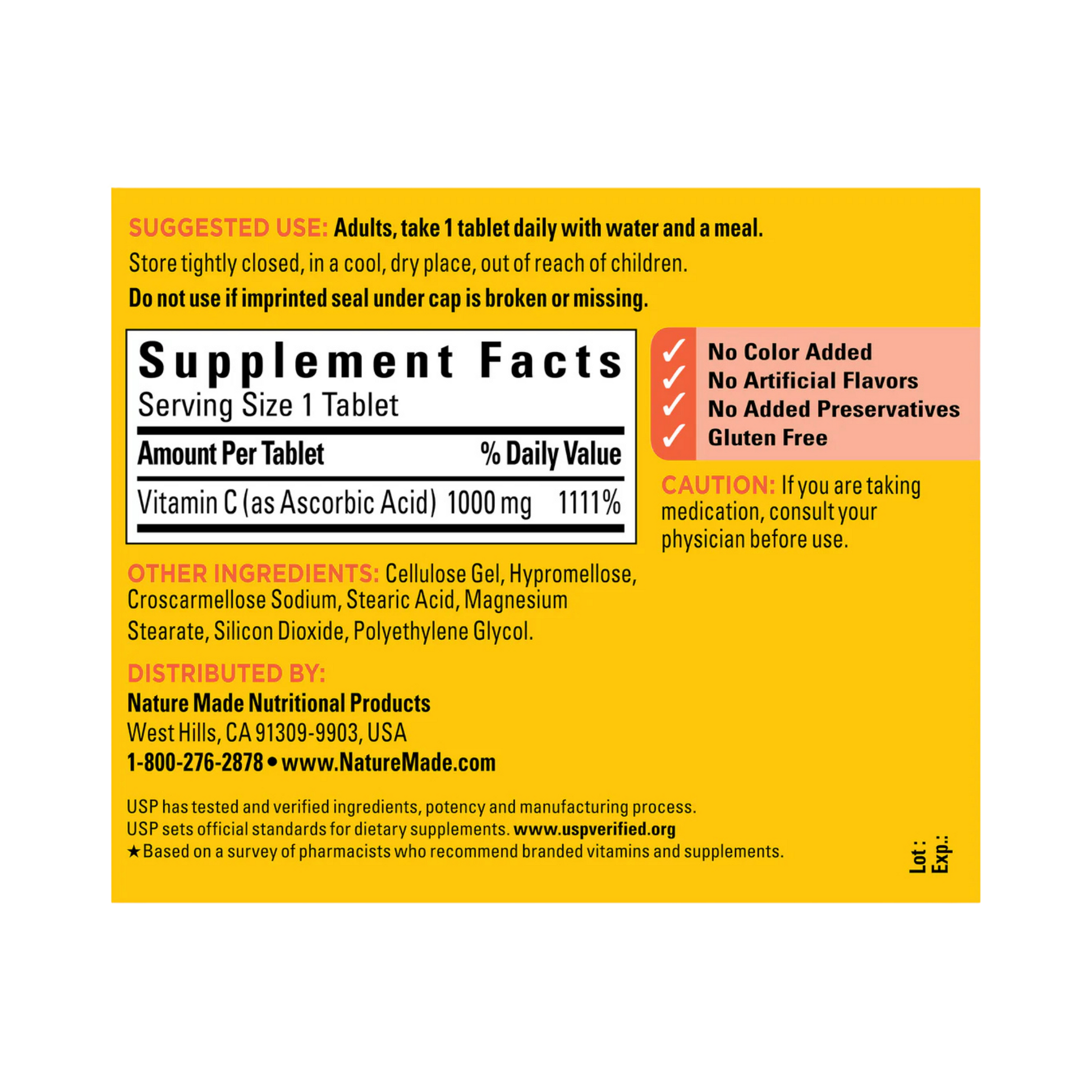 Nature Made, Vitamin C, 1000 mg, 100 Tablets back packaging view
