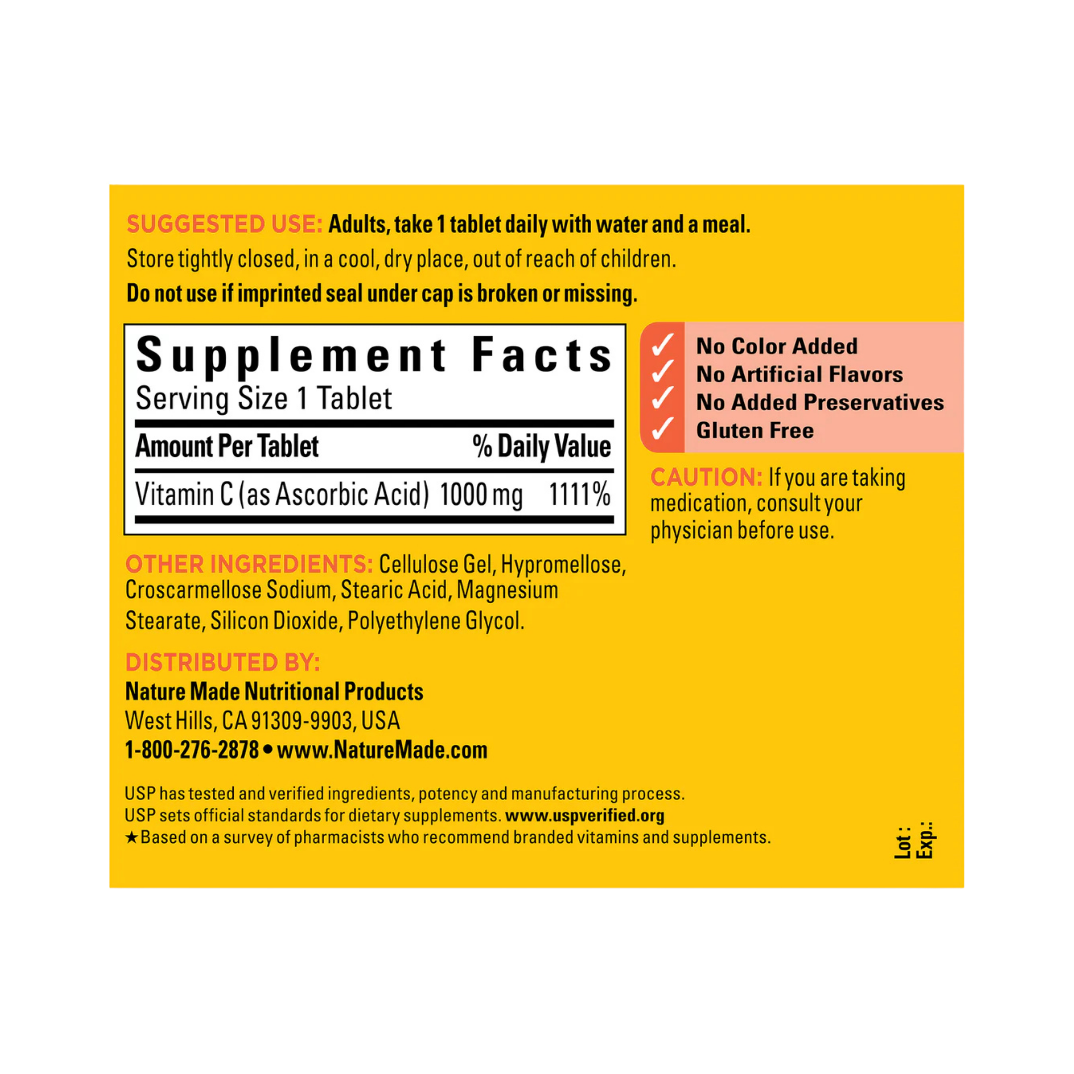 Nature Made, Vitamin C, 1000 mg, 100 Tablets back packaging view