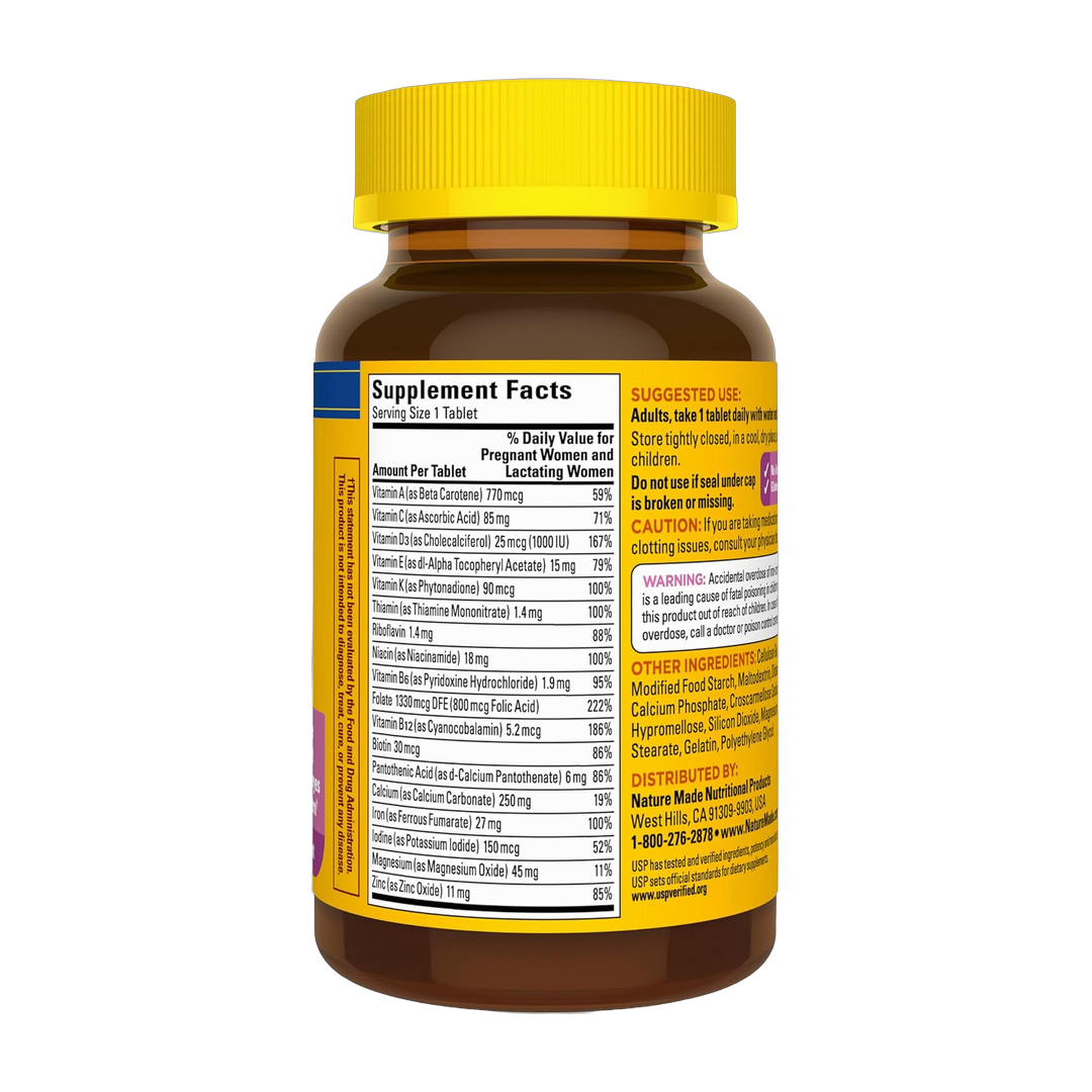 Nature Made, Prenatal Multivitamin with Folic Acid, 90 Tablets back packaging view