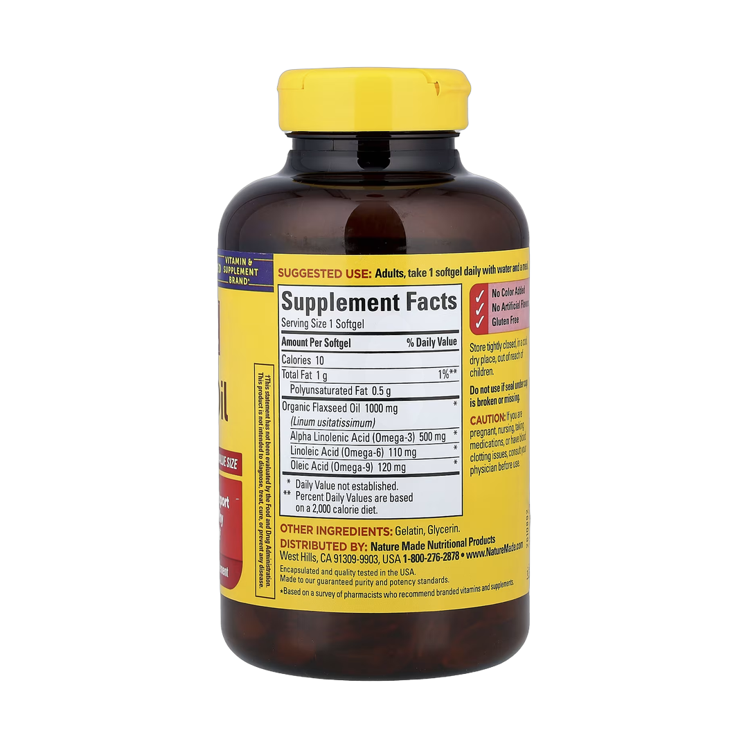 Nature Made, Flaxseed Oil, 1,000 mg, 180 Softgels back packaging view