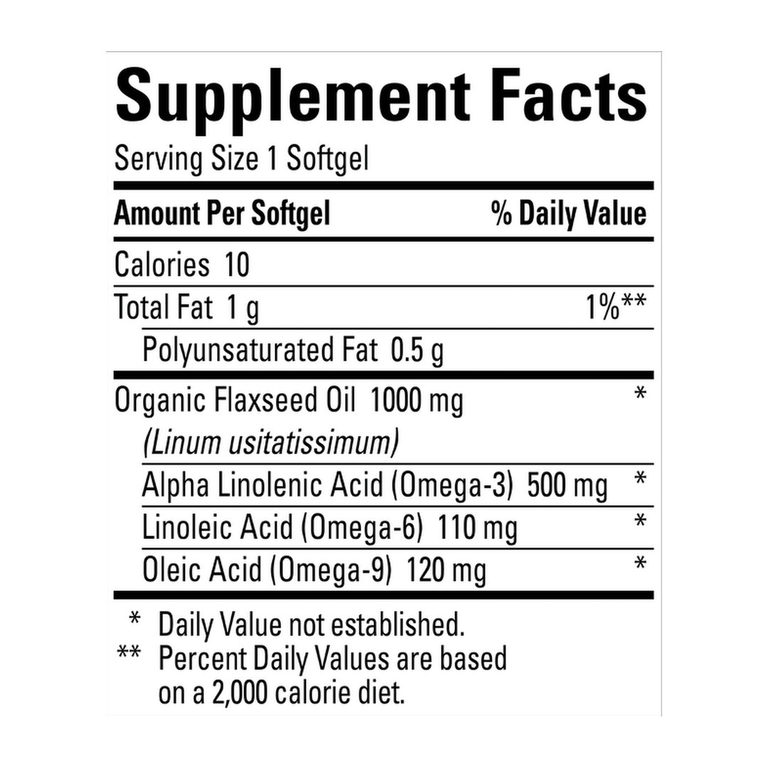Nature Made, Flaxseed Oil, 1,000 mg, 180 Softgels supplement facts label showing ingredients, vitamins, minerals, and serving information