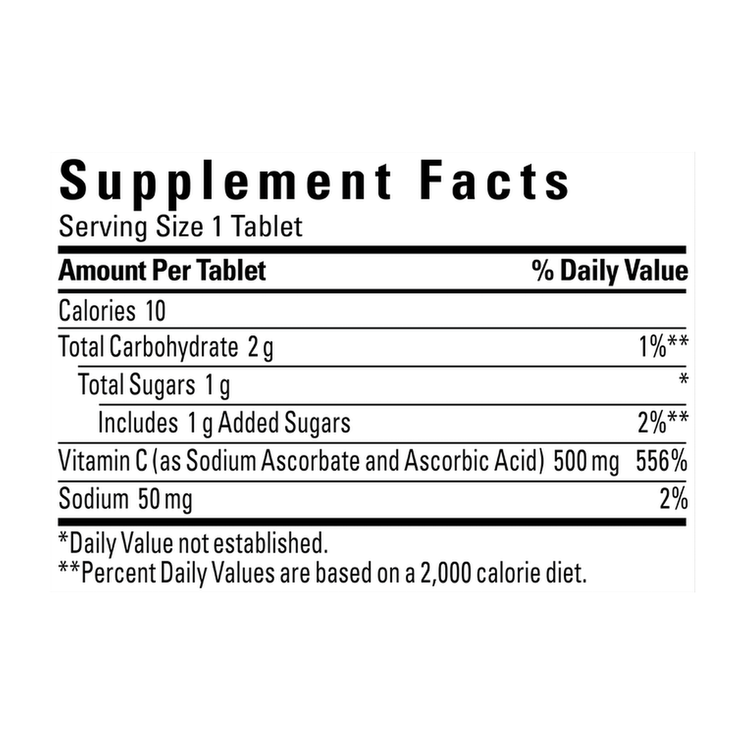 Nature Made, Vitamin C Chewable, Original Orange, 500 mg, 150 Tablets supplement facts label showing ingredients, vitamins, minerals, and serving information