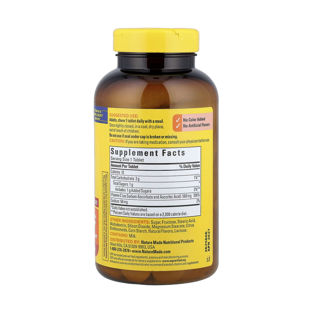 Nature Made, Vitamin C Chewable, Original Orange, 500 mg, 150 Tablets back packaging view