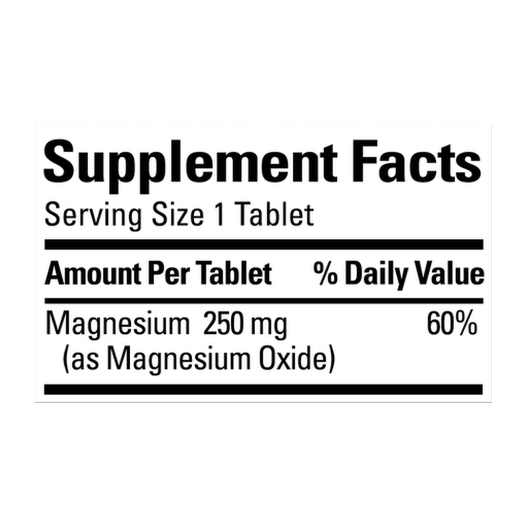 Nature Made, Magnesium, 250 mg, 200 Tablets supplement facts label showing ingredients, vitamins, minerals, and serving information